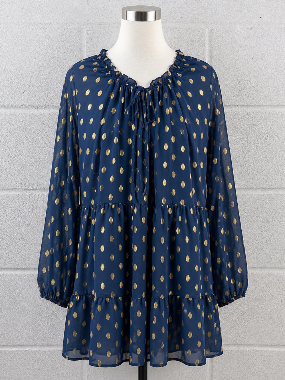 KIRUNDO XL Navy Gold Metallic Dot Tiered Chiffon Mini Dress